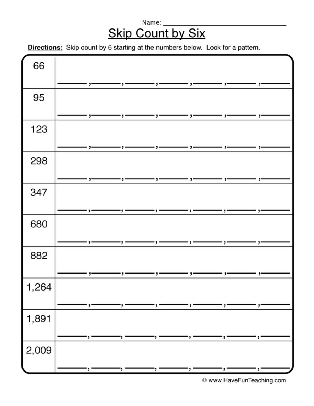 An educational teaching resource from Have Fun Teaching entitled Skip Count by Six Worksheet downloadable at Teach Simple.