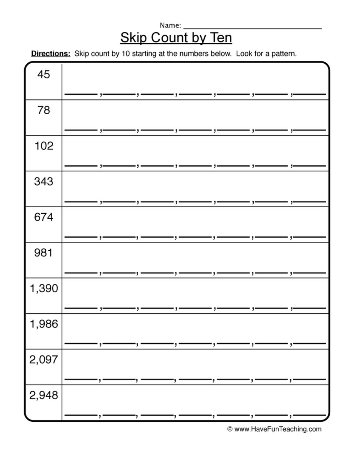 An educational teaching resource from Have Fun Teaching entitled Skip Count by Ten Worksheet downloadable at Teach Simple.