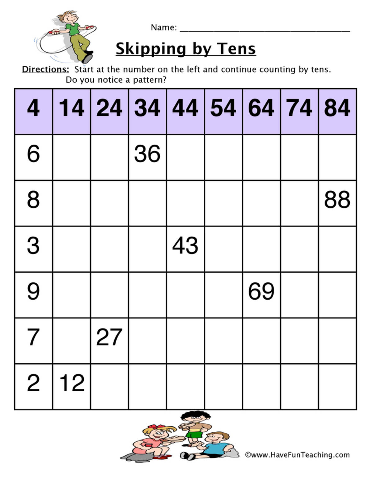 An educational teaching resource from Have Fun Teaching entitled Skip Count by Tens Chart Worksheet downloadable at Teach Simple.
