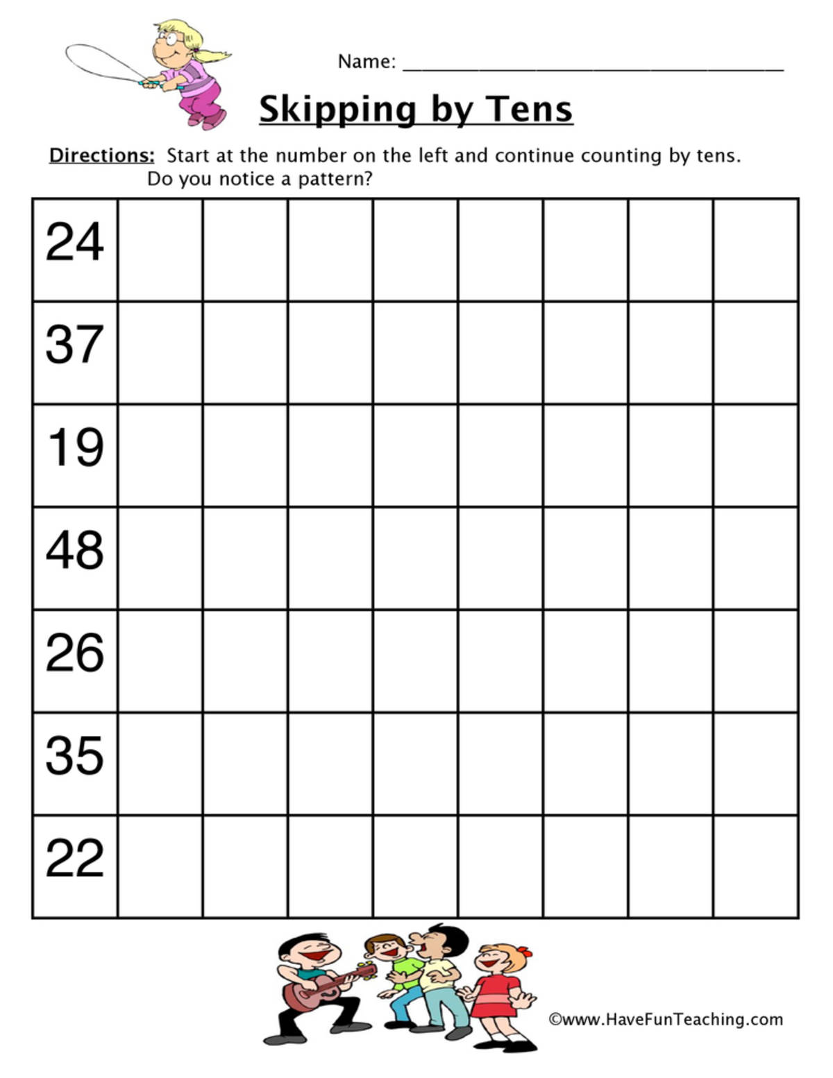 An educational teaching resource from Have Fun Teaching entitled Skip Count by Tens Worksheet downloadable at Teach Simple.