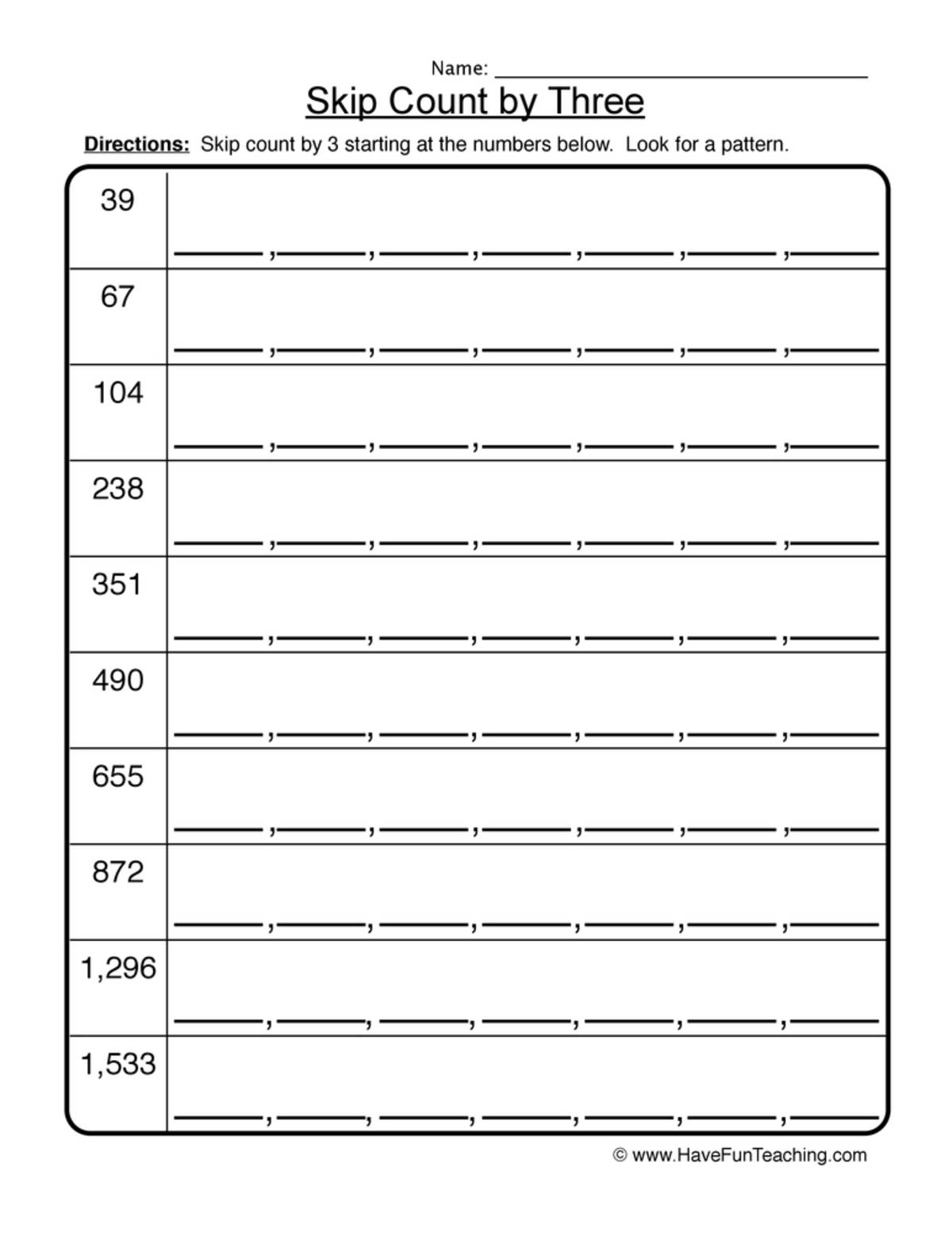 An educational teaching resource from Have Fun Teaching entitled Skip Count by Three Worksheet downloadable at Teach Simple.