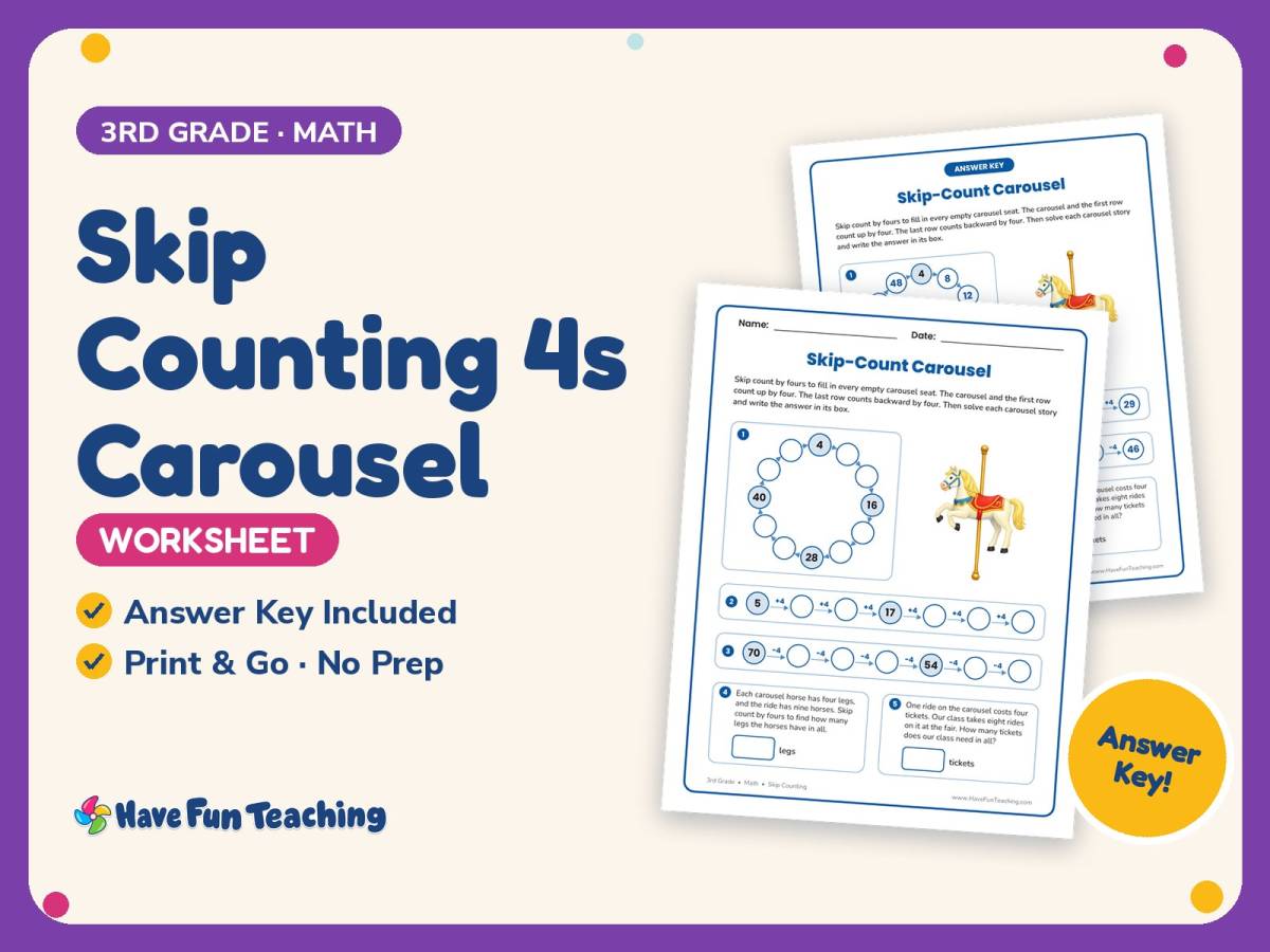 Skip Counting 4s Carousel Worksheet – 3rd Grade Math Practice preview