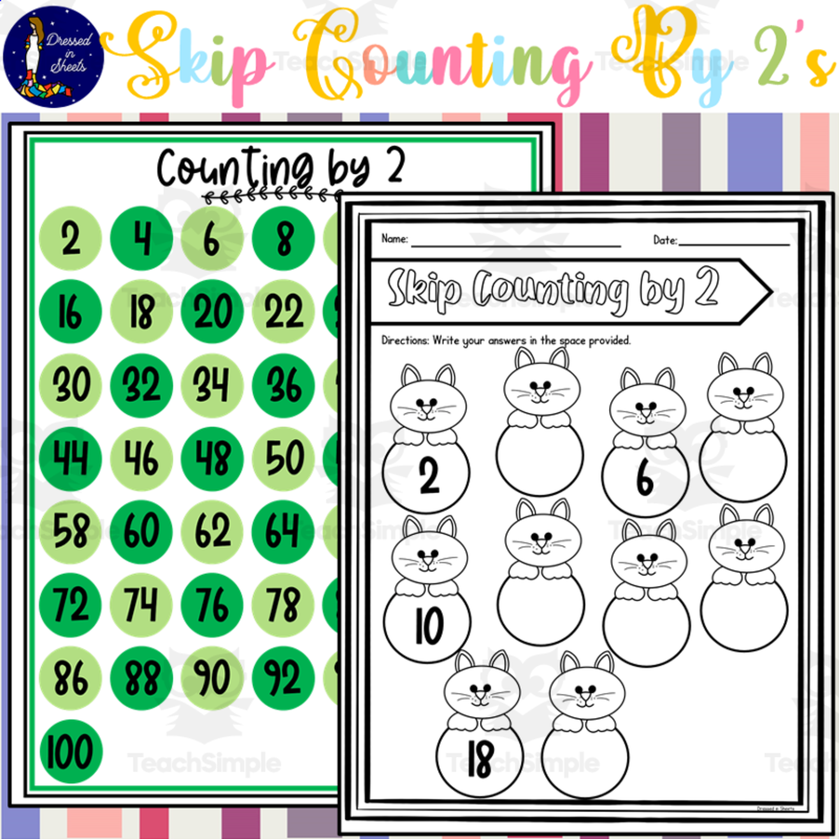 An educational teaching resource from Soumara Siddiqui entitled Skip Counting by 2's Worksheets downloadable at Teach Simple.