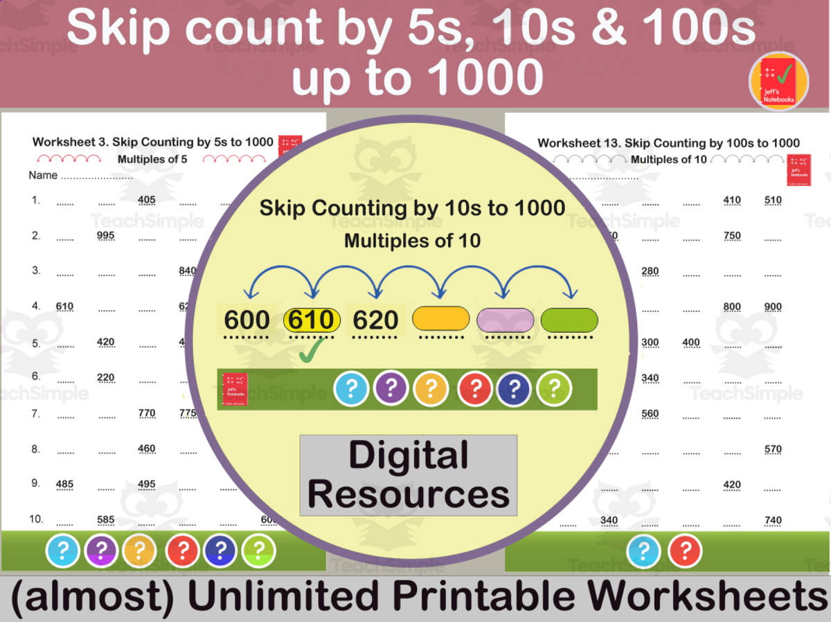 An educational teaching resource from Jeff's Notebooks entitled Skip counting by 5, 10 & 100 up to 1000 Worksheets + more downloadable at Teach Simple.