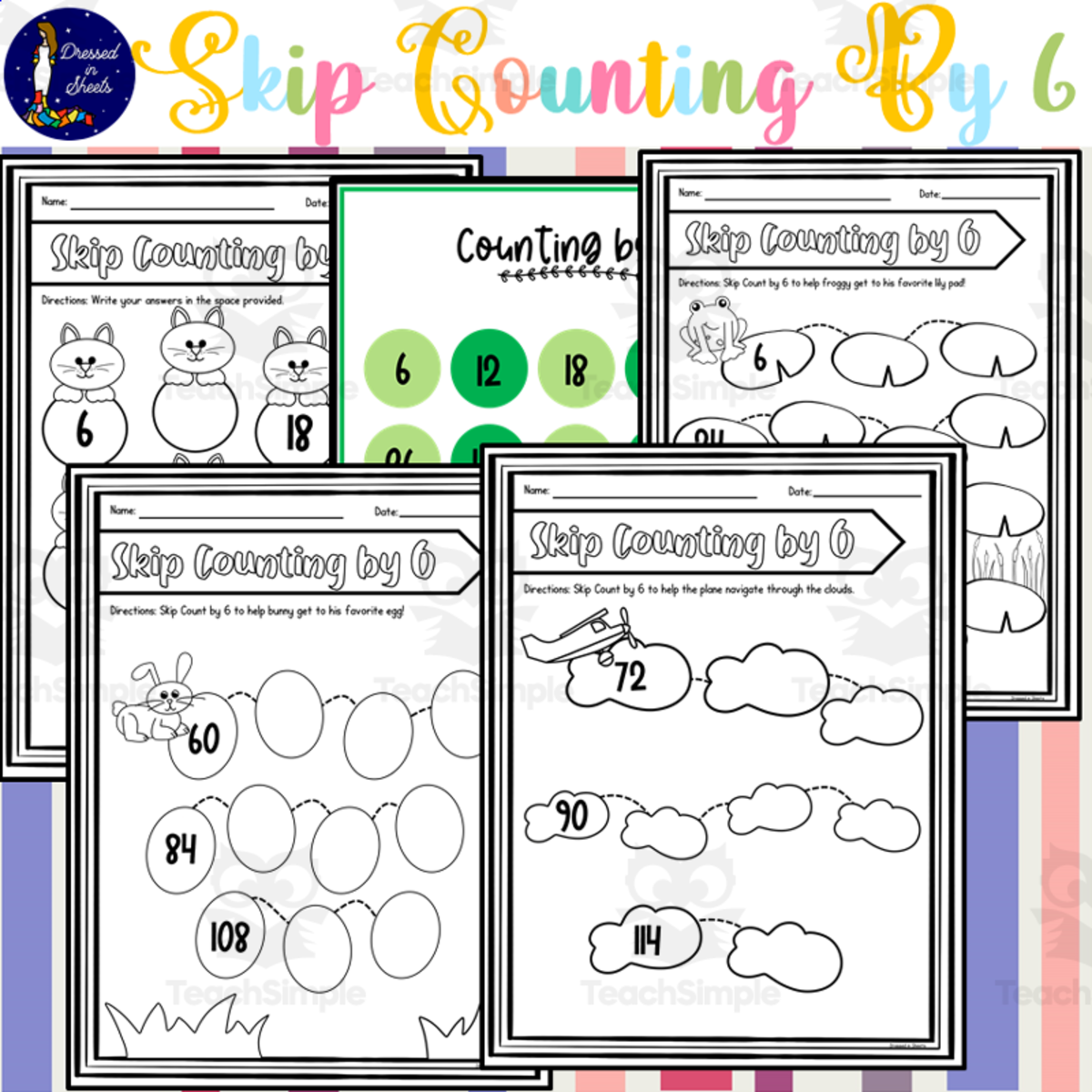 An educational teaching resource from Soumara Siddiqui entitled Skip Counting by 6 Worksheets downloadable at Teach Simple.
