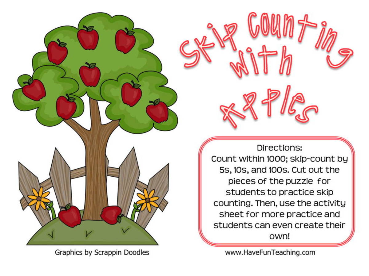 An educational teaching resource from Have Fun Teaching entitled Skip Counting With Apples 5 10 100 Activity downloadable at Teach Simple.