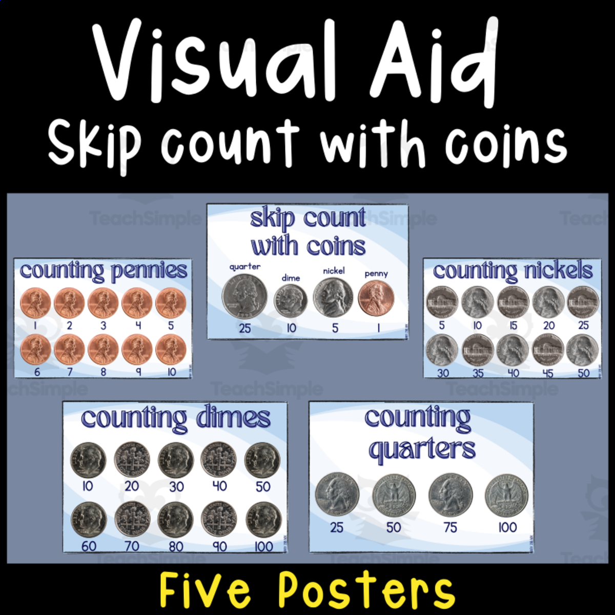 An educational teaching resource from Primary 206 Mix entitled Skip Counting with Coins Posters downloadable at Teach Simple.