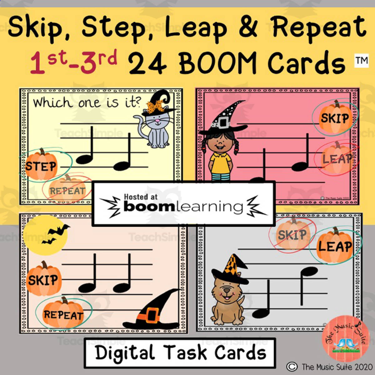 An educational teaching resource from The Music Suite entitled Skip. Step, Leap & Repeat Halloween Boom Cards downloadable at Teach Simple.