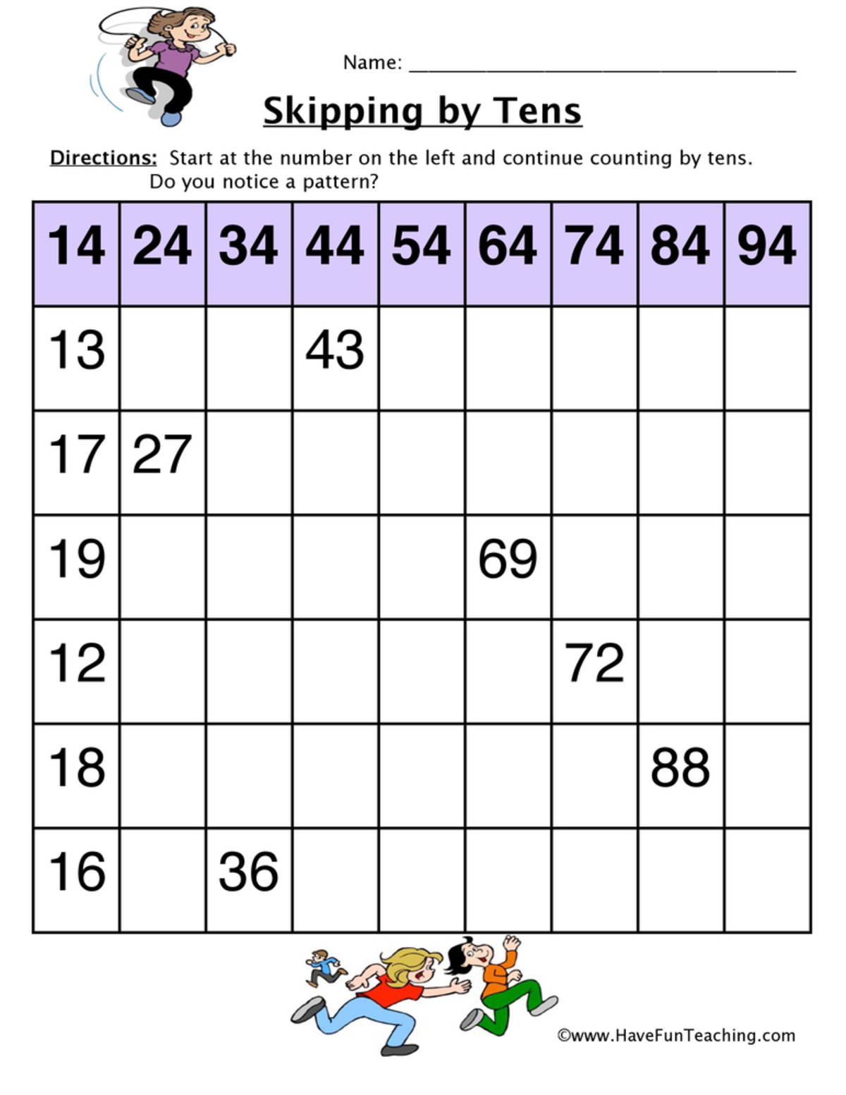 An educational teaching resource from Have Fun Teaching entitled Skipping by Tens Worksheet downloadable at Teach Simple.