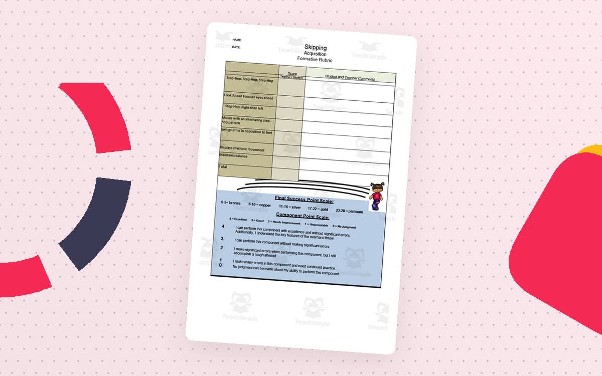 An educational teaching resource from Gems from the Gym entitled Skipping Rubric downloadable at Teach Simple.