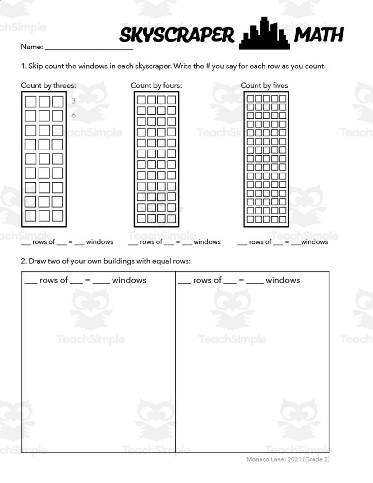 An educational teaching resource from Monaco Lane Curriculum for Early Literacy entitled Skyscraper Math Worksheet downloadable at Teach Simple.