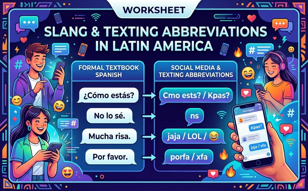 An educational teaching resource from Creative Book Store entitled Slang & Texting Abbreviations in Latin America downloadable at Teach Simple.