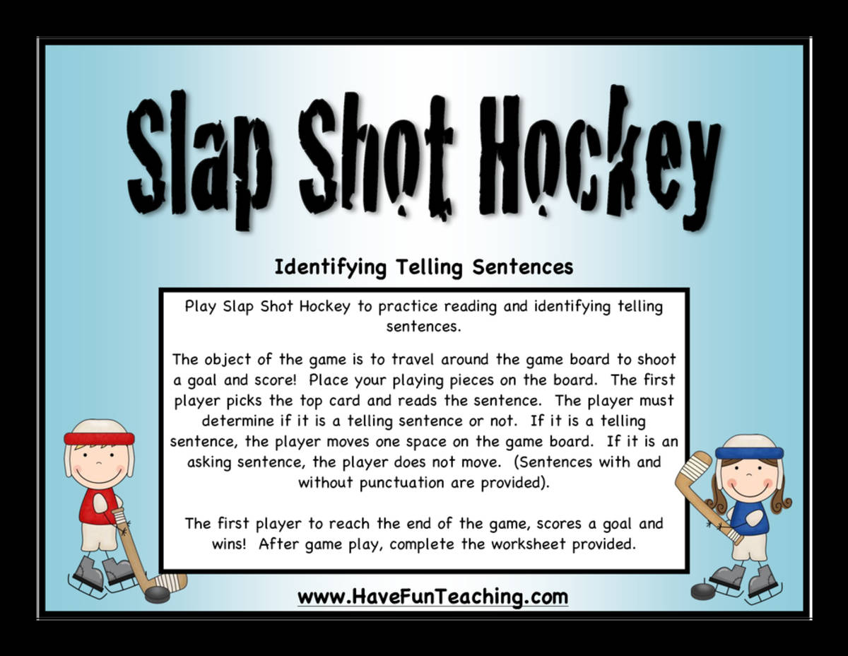 An educational teaching resource from Have Fun Teaching entitled Slap Shot Hockey Telling Sentences Activity downloadable at Teach Simple.