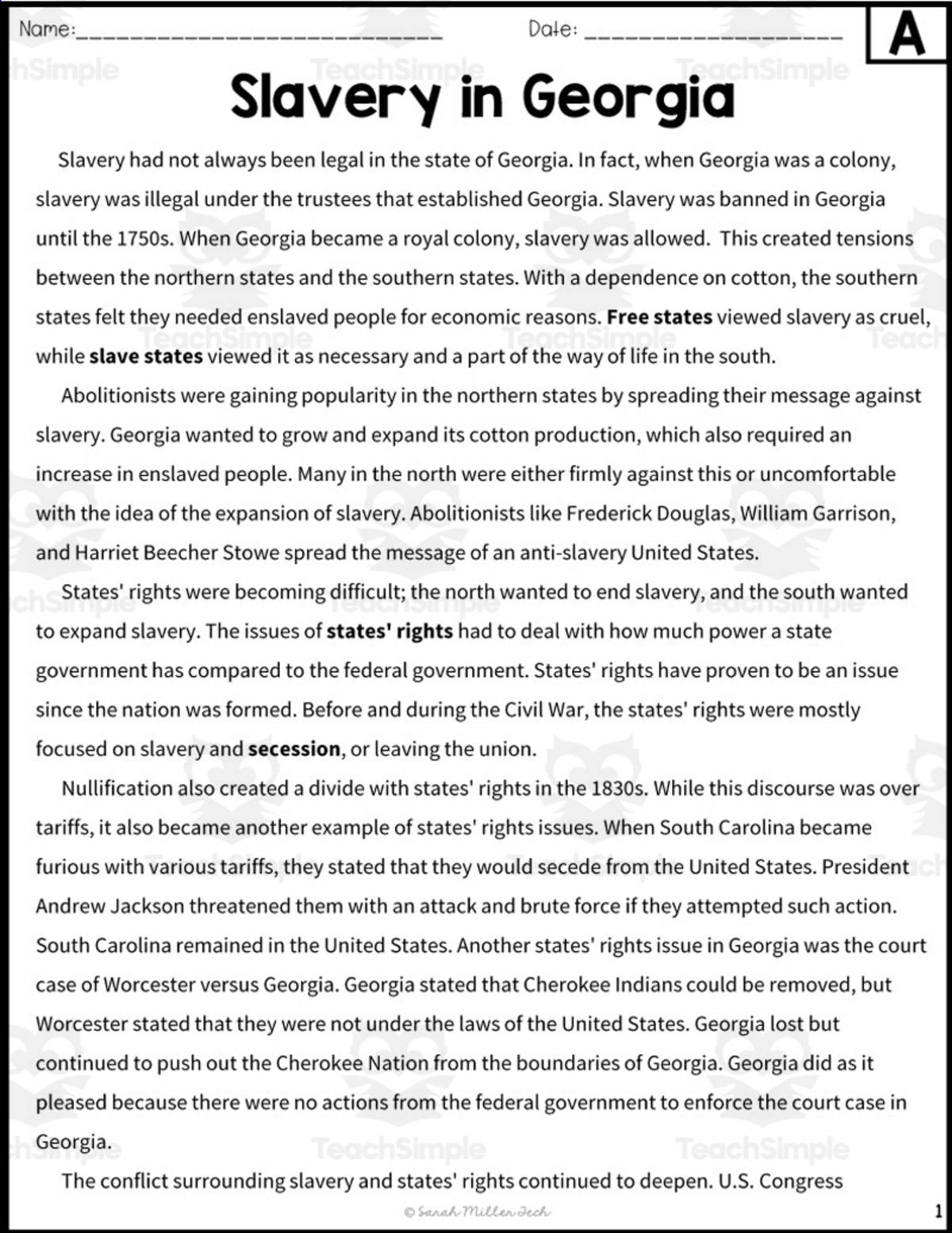 An educational teaching resource from Sarah Miller Tech entitled Slavery in Georgia Reading Packet downloadable at Teach Simple.