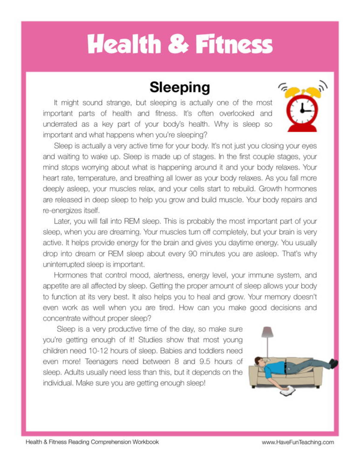 An educational teaching resource from Have Fun Teaching entitled Sleeping Health and Fitness Reading Comprehension Worksheet downloadable at Teach Simple.