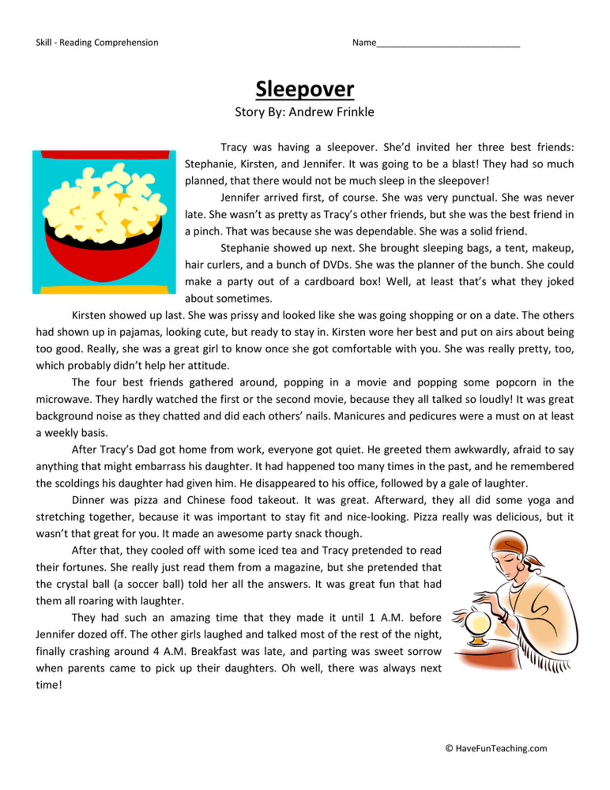 An educational teaching resource from Have Fun Teaching entitled Sleepover Reading Comprehension Worksheet downloadable at Teach Simple.