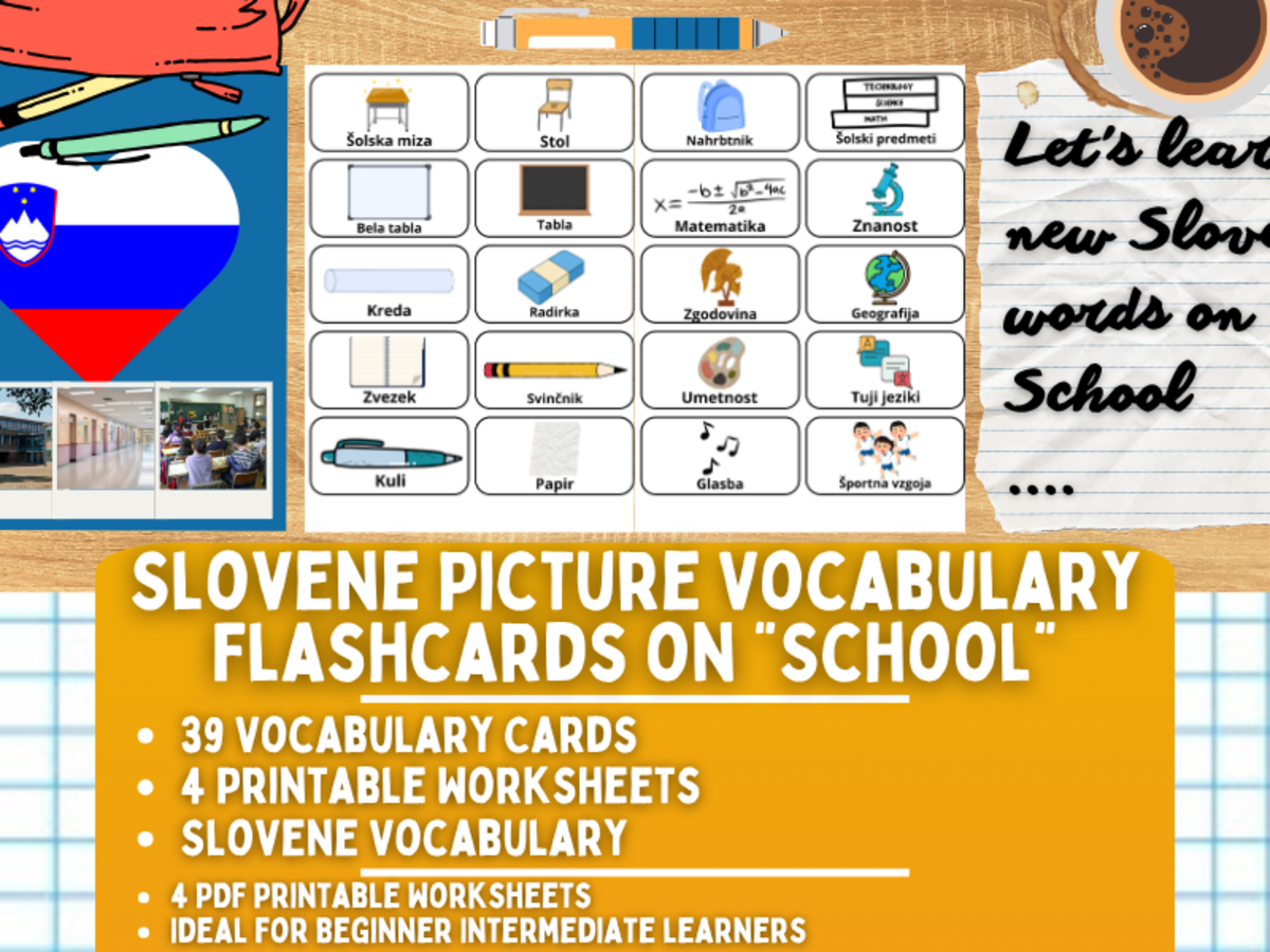 An educational teaching resource from Learning with Alan entitled Slovene Picture Vocabulary Flashcards - School downloadable at Teach Simple.