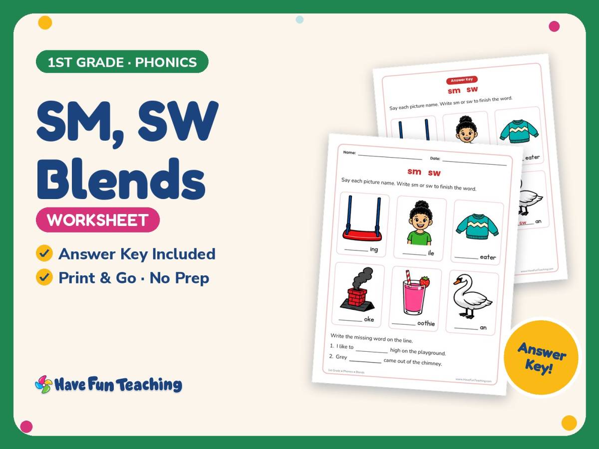 SM, SW Blends Worksheet – 1st Grade Beginning Sounds & Consonants preview