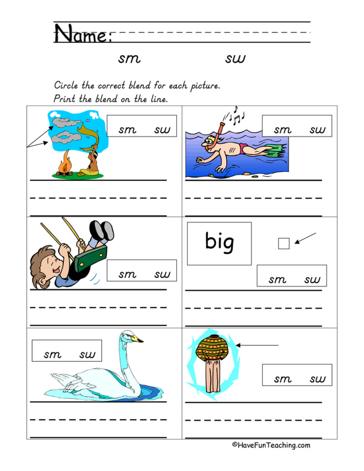 An educational teaching resource from Have Fun Teaching entitled SM, SW Blends Worksheet downloadable at Teach Simple.