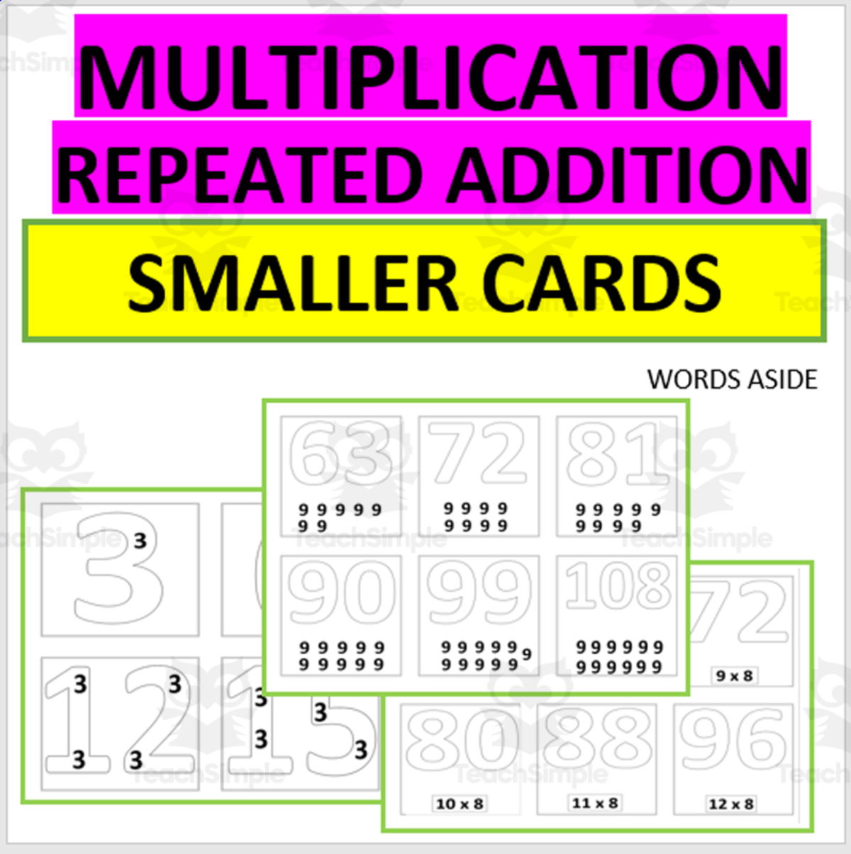 An educational teaching resource from WORDS ASIDE entitled SMALLER MULTIPLICATION FACTS POSTER CARDS REPEATED ADDITION 3 VERSIONS downloadable at Teach Simple.