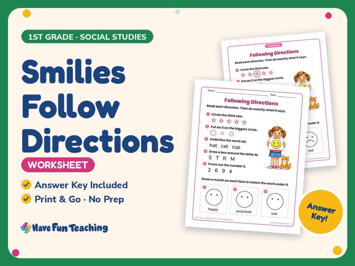 Smilies Follow Directions Worksheet – 1st Grade Following Directions preview