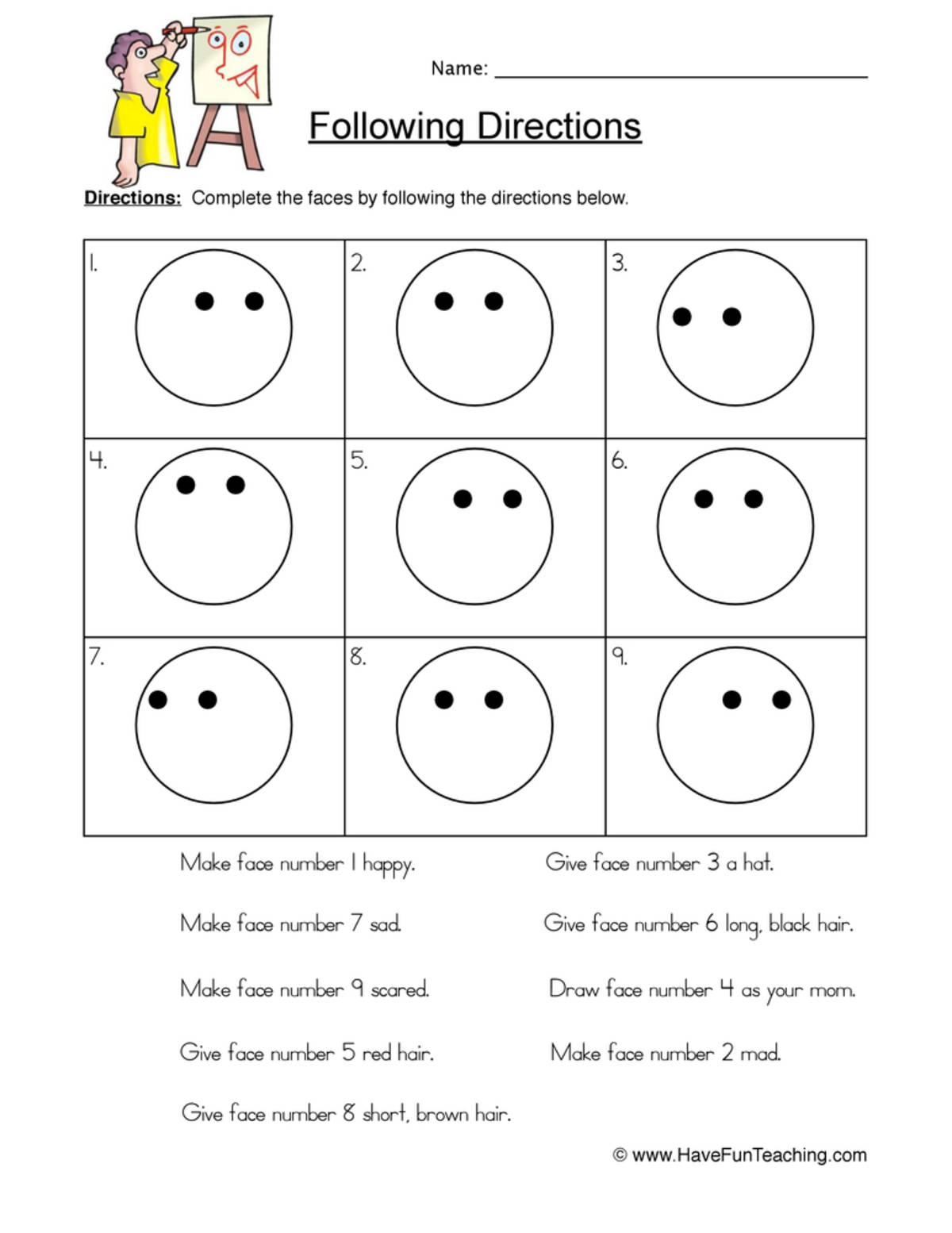 An educational teaching resource from Have Fun Teaching entitled Smilies Follow Directions Worksheet downloadable at Teach Simple.