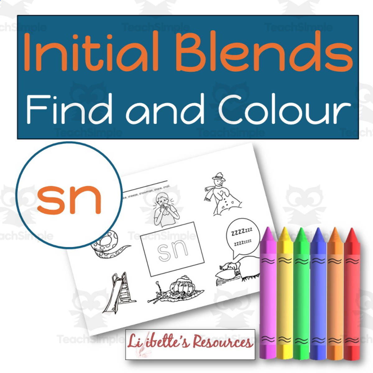 An educational teaching resource from Lilibette's Resources entitled SN Blend Find and Colour Phonics Worksheet to Develop Phonemic downloadable at Teach Simple.
