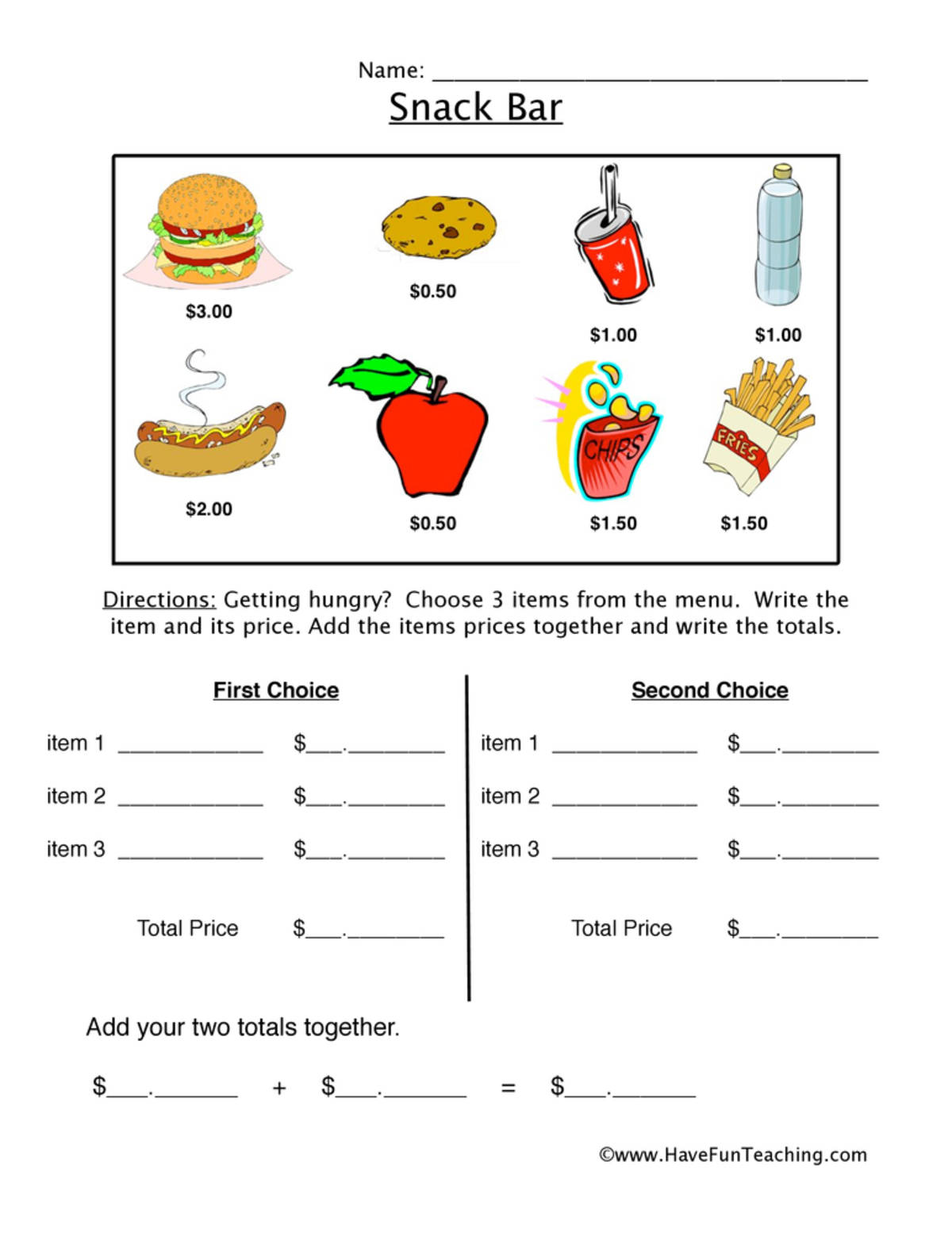 An educational teaching resource from Have Fun Teaching entitled Snack Bar Money Worksheet downloadable at Teach Simple.
