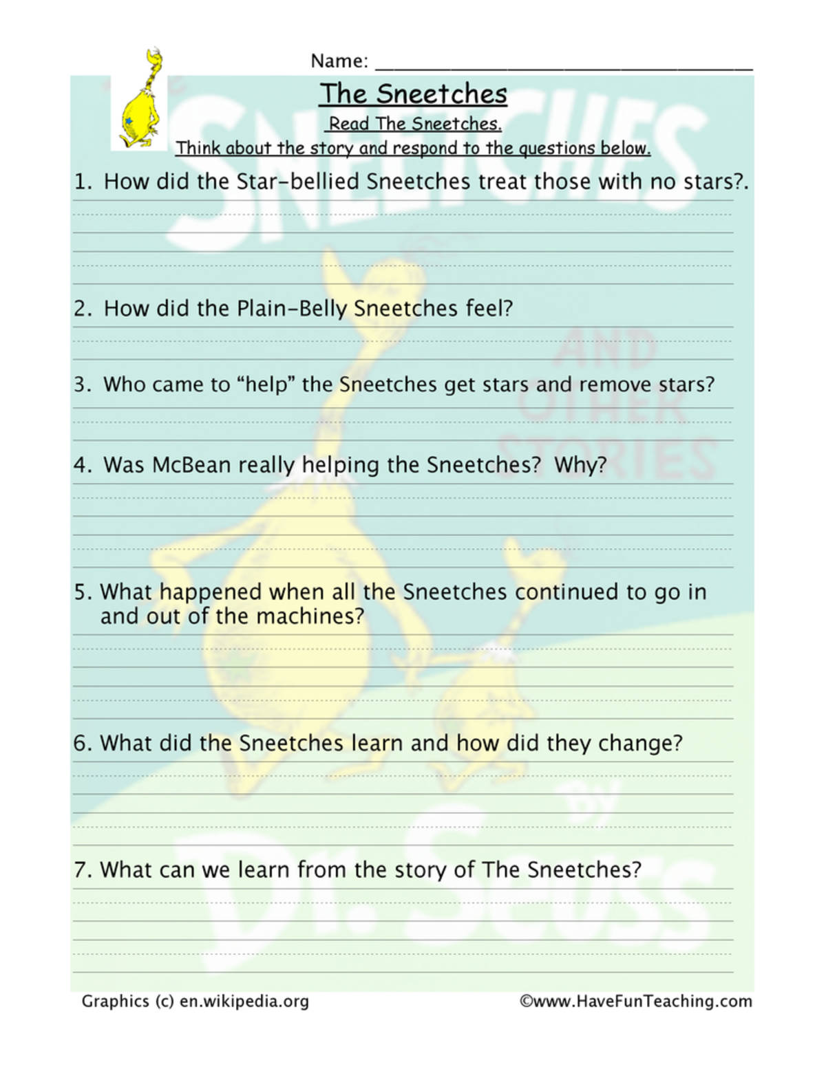 An educational teaching resource from Have Fun Teaching entitled Sneetches Reading Comprehension Worksheet downloadable at Teach Simple.