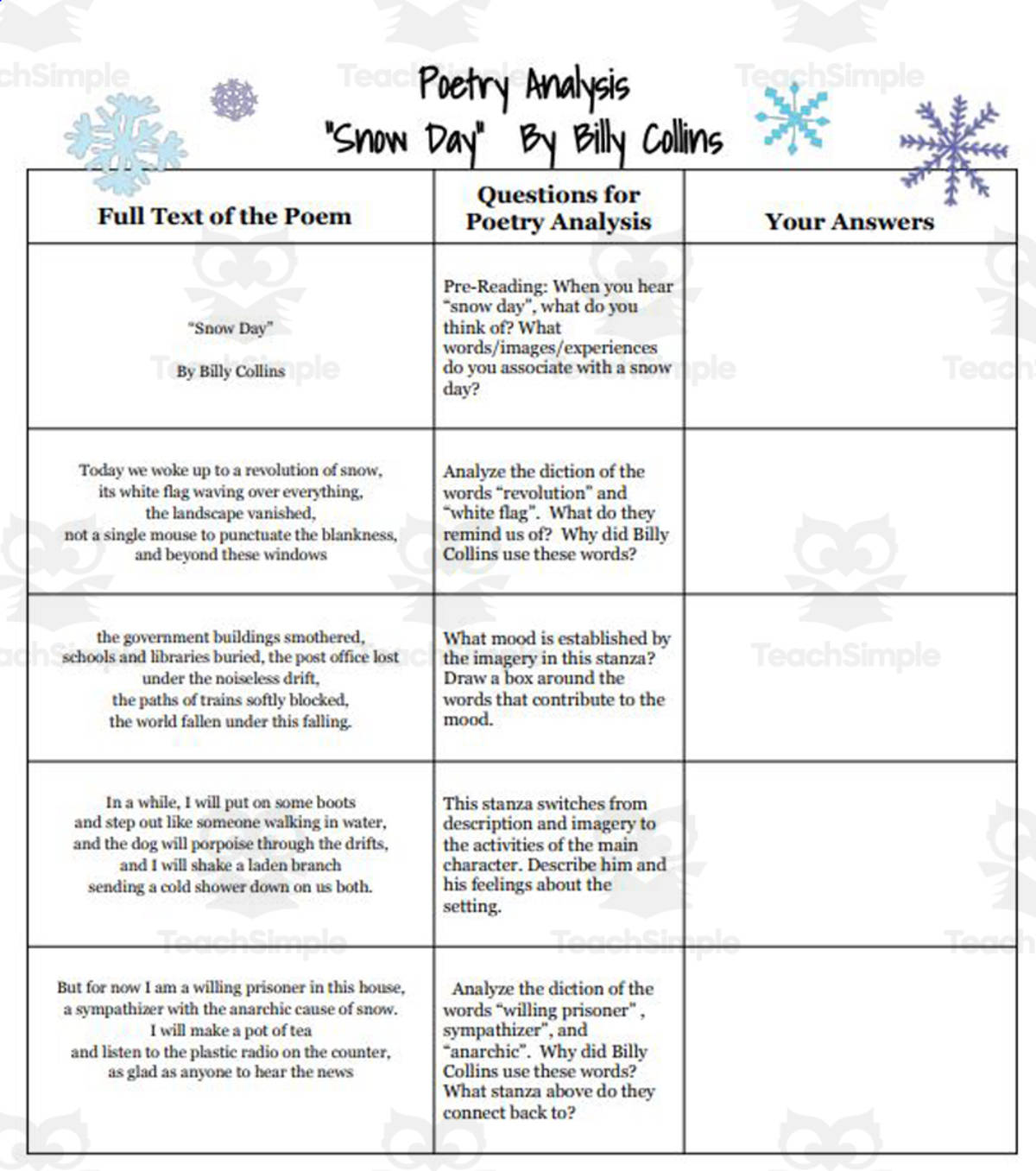 An educational teaching resource from The Red-Haired Reader entitled Snow Day by Billy Collins stanza-by-stanza poetry analysis questions! downloadable at Teach Simple.