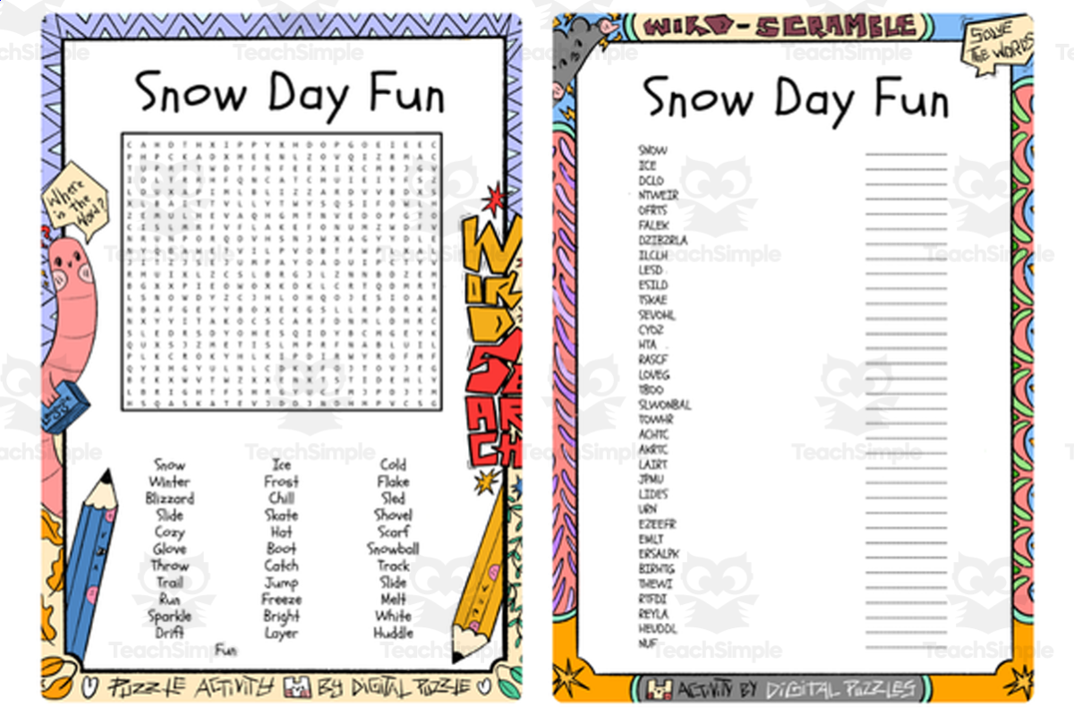 An educational teaching resource from Lapiiin Art Activities entitled Snow Day Fun word search & scramble downloadable at Teach Simple.