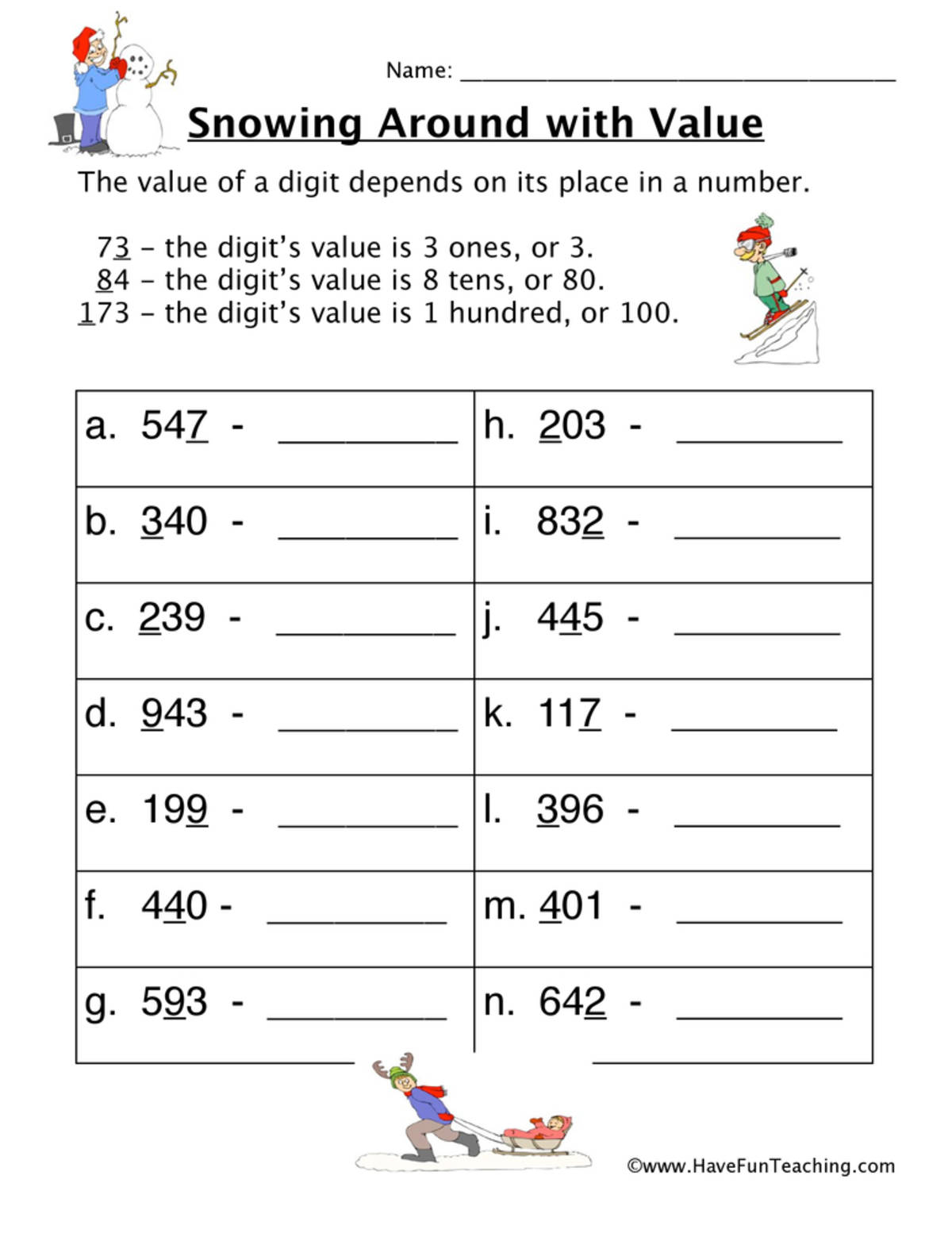 An educational teaching resource from Have Fun Teaching entitled Snow Place Value Worksheet downloadable at Teach Simple.