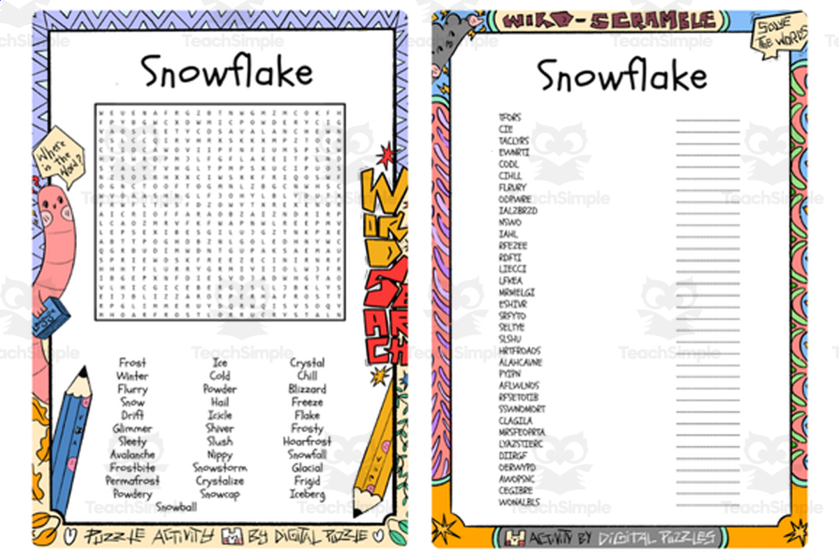 An educational teaching resource from Lapiiin Art Activities entitled Snowflake word search & scramble downloadable at Teach Simple.