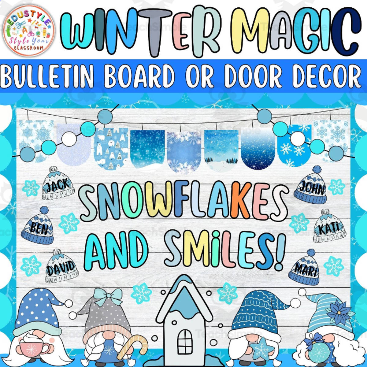 An educational teaching resource from Style Your Classroom entitled Snowflakes and Smiles: Gnome Winter Bulletin Board or Door Decor Kit downloadable at Teach Simple.