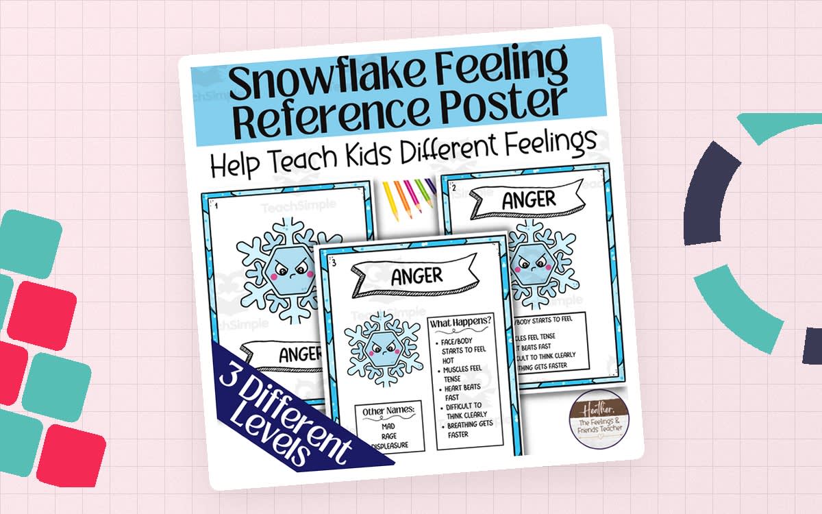 An educational teaching resource from The Feelings and Friends Teacher entitled Snowflakes Themed Emotions Information Poster-- Emotions Chart downloadable at Teach Simple.