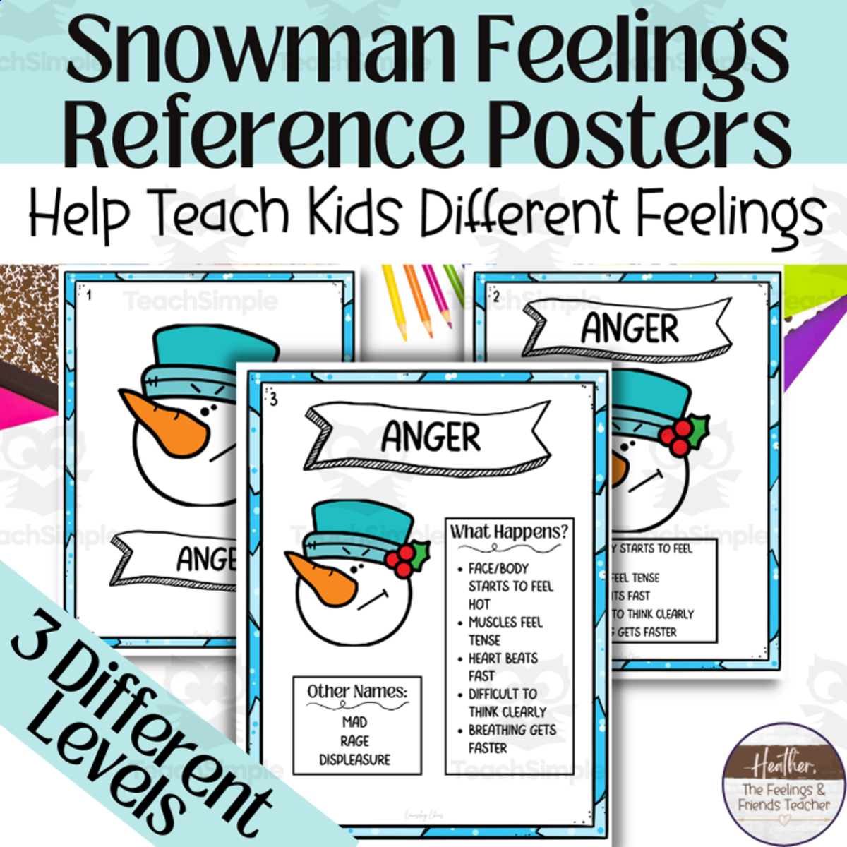 An educational teaching resource from The Feelings and Friends Teacher entitled Snowman Feelings and Emotions Anchor Chart Reference Posters downloadable at Teach Simple.