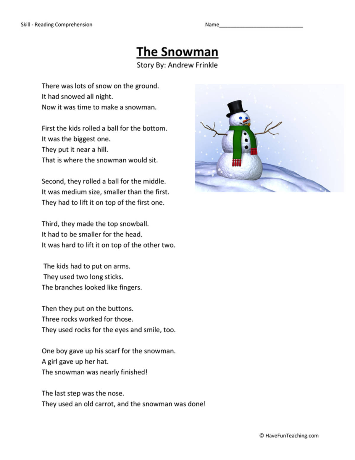 An educational teaching resource from Have Fun Teaching entitled Snowman Reading Comprehension Worksheet downloadable at Teach Simple.