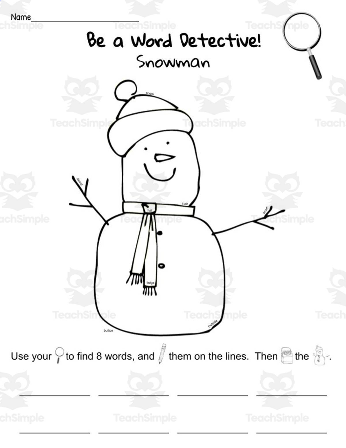 An educational teaching resource from Hook Learn and Tinker entitled Snowman Word Detective Printable downloadable at Teach Simple.
