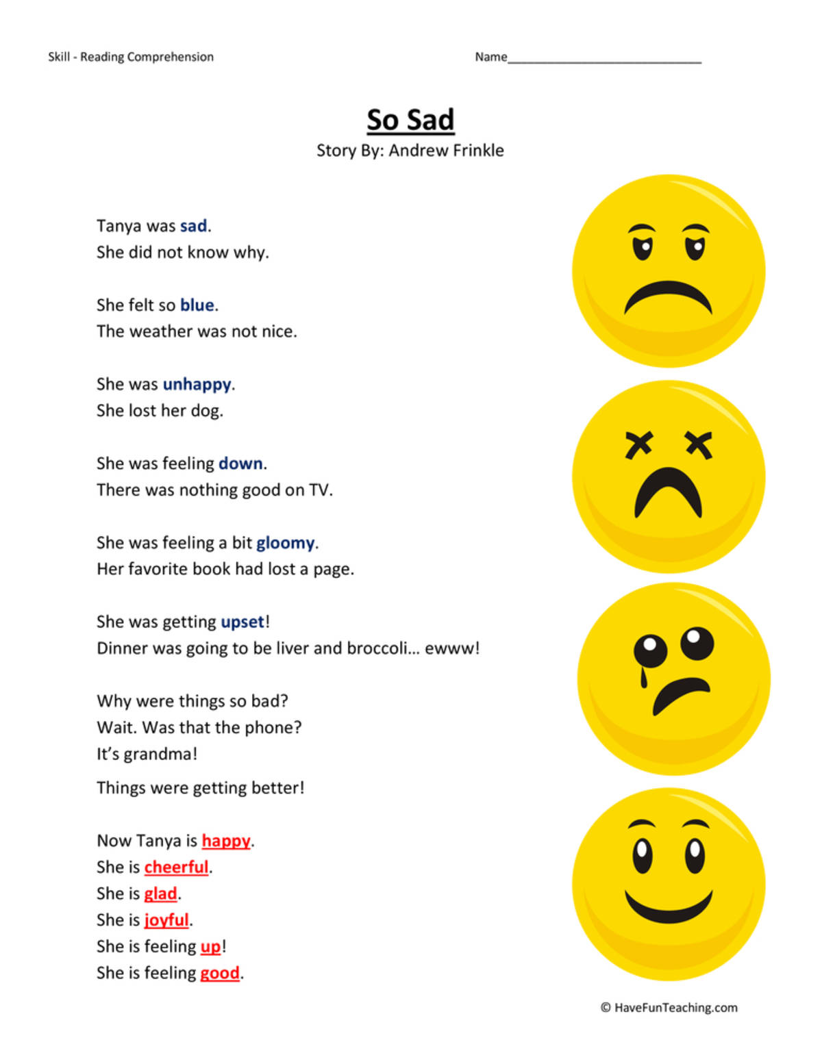 An educational teaching resource from Have Fun Teaching entitled So Sad Reading Comprehension Worksheet downloadable at Teach Simple.