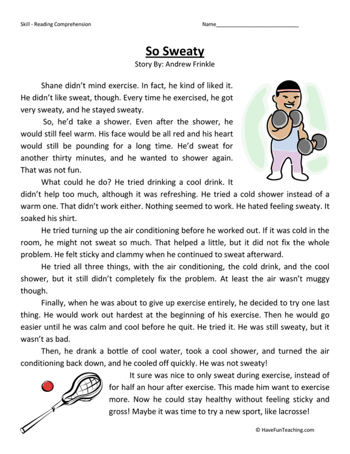 An educational teaching resource from Have Fun Teaching entitled So Sweaty Reading Comprehension Worksheet downloadable at Teach Simple.