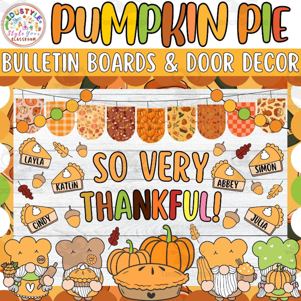 An educational teaching resource from Style Your Classroom entitled So very Thankful: Thanksgiving Bulletin board or door Decor kit downloadable at Teach Simple.