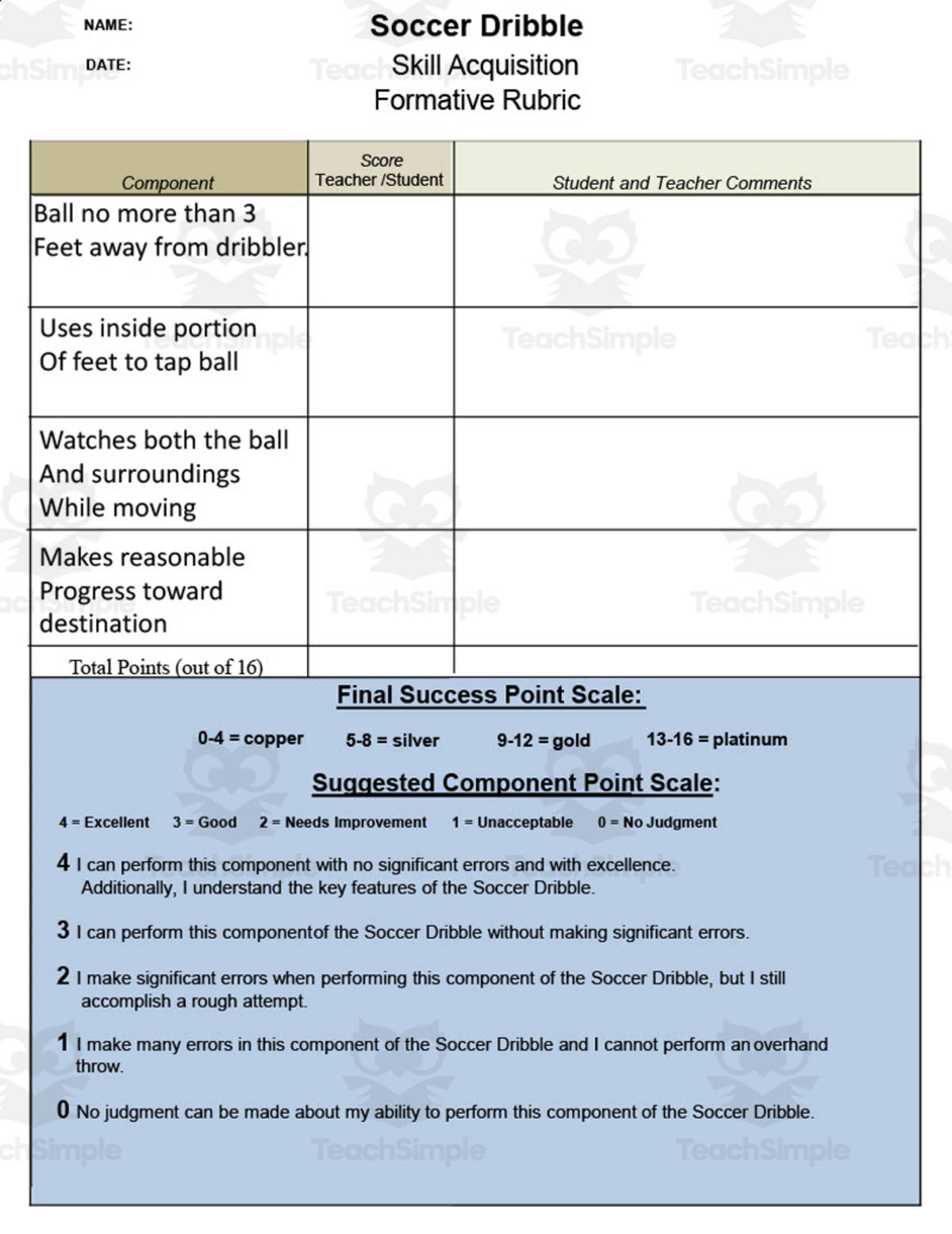 An educational teaching resource from Gems from the Gym entitled Soccer Dribble Rubric downloadable at Teach Simple.
