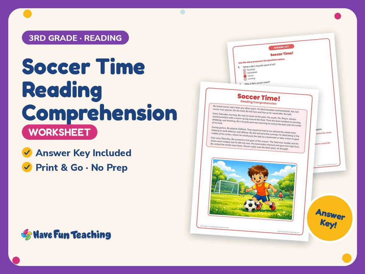 Soccer Time Reading Comprehension Worksheet – 3rd Grade Sports preview