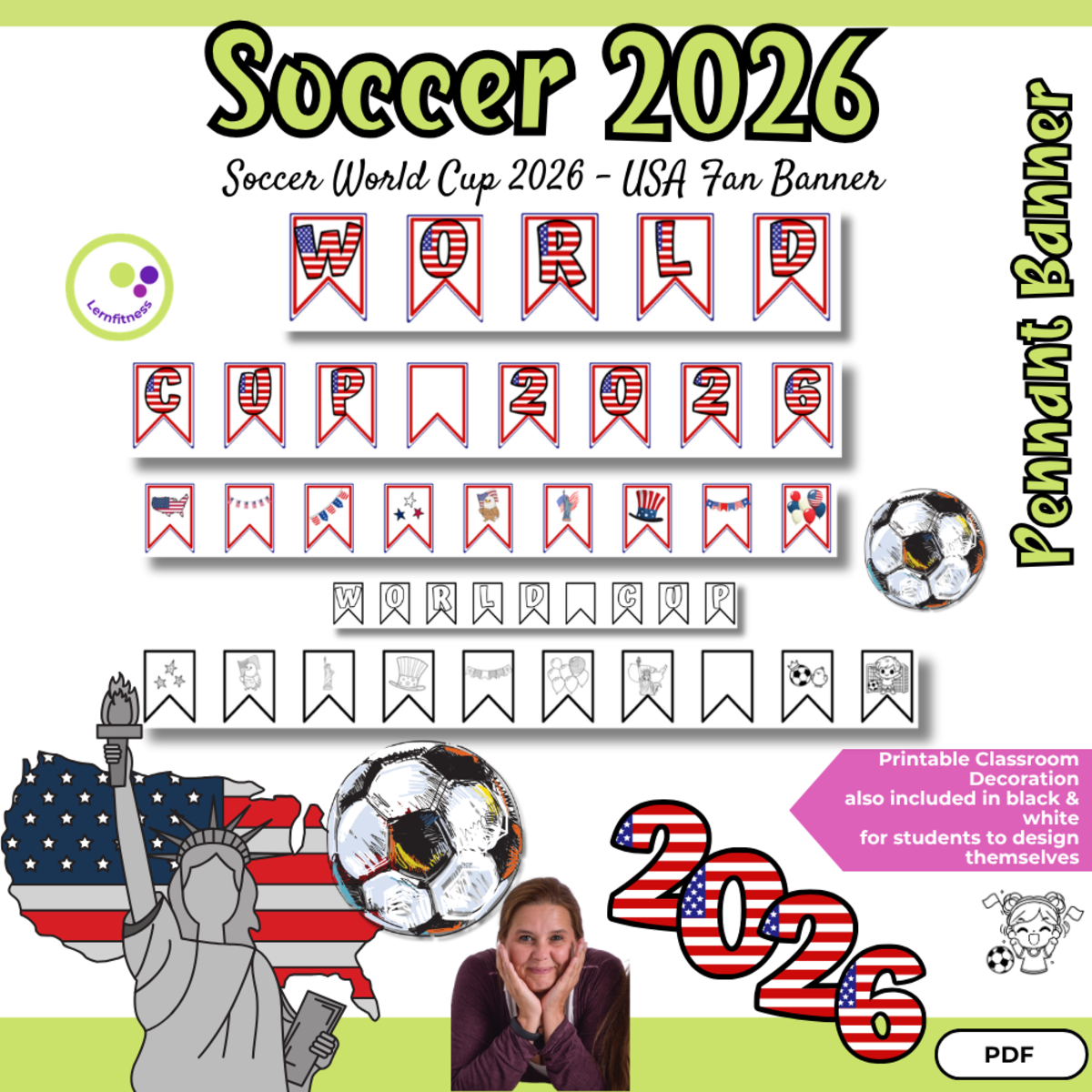 An educational teaching resource from Lernfitness entitled Soccer World Cup 2026 Pennant Banner – USA Classroom Decoration downloadable at Teach Simple.