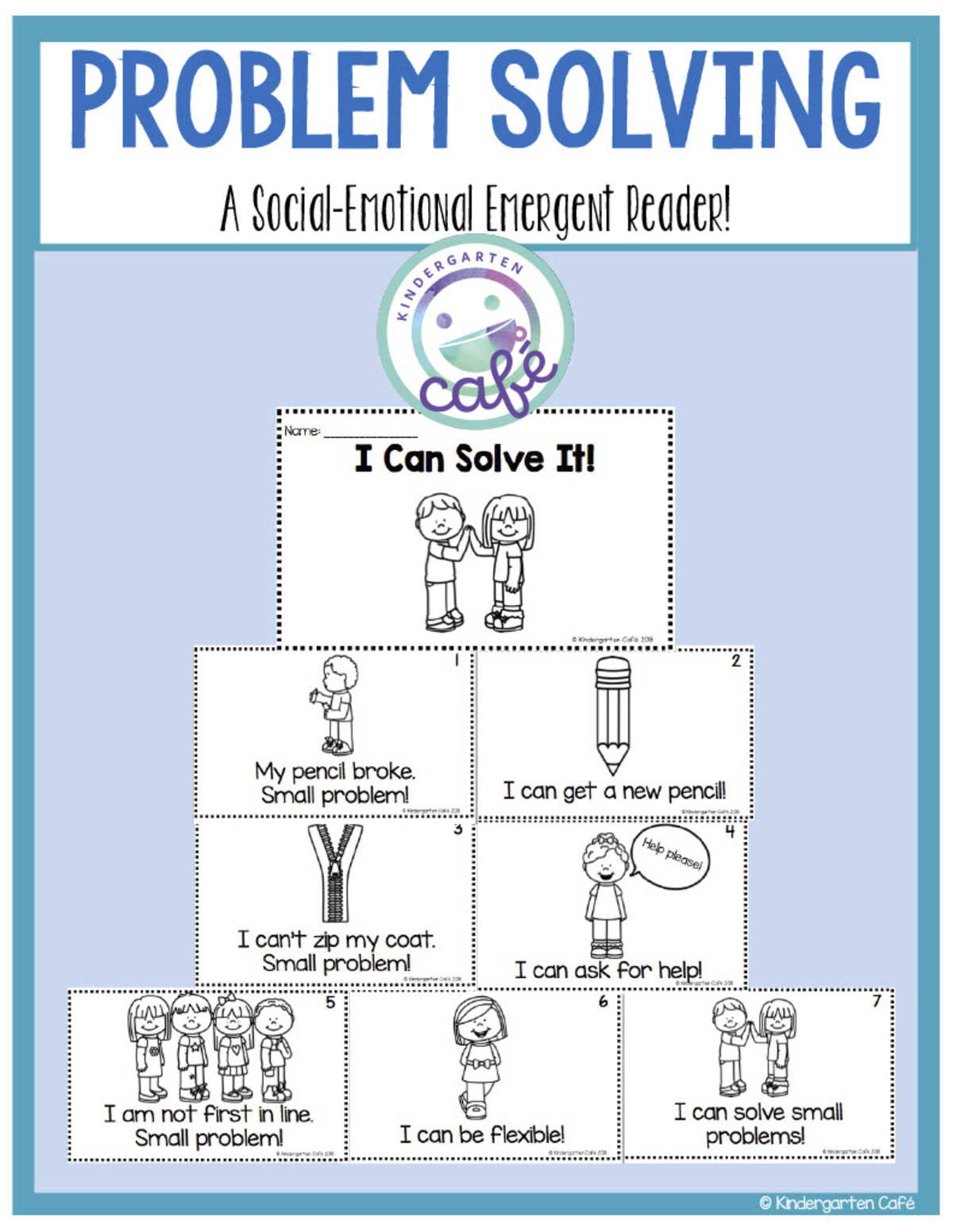 An educational teaching resource from Kindergarten Cafe entitled Social-Emotional Emergent Reader: Problem Solving Printable Booklet downloadable at Teach Simple.