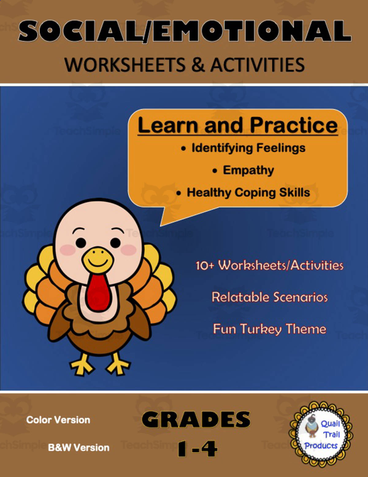 An educational teaching resource from Quail Trail Products entitled Social-Emotional Worksheets and Activities - Turkey Theme downloadable at Teach Simple.