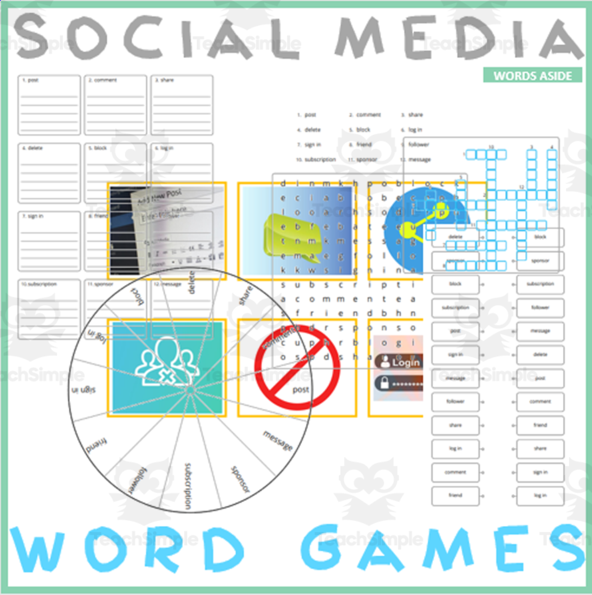 An educational teaching resource from WORDS ASIDE entitled SOCIAL MEDIA: Word Games with Puzzles Crossword Wordsearch Anagram downloadable at Teach Simple.