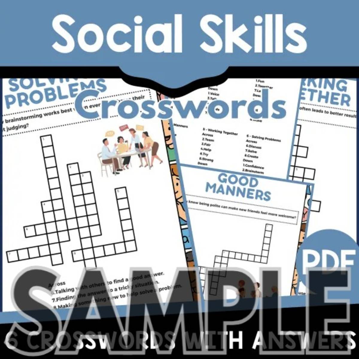 An educational teaching resource from Cored Education entitled Social Skills Crossword: 1 Page Sample (PDF) downloadable at Teach Simple.