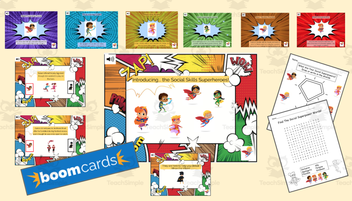 An educational teaching resource from Jennifer Moyer Taylor entitled Social Skills Superheroes-An SEL deck with Audio & 2 Handouts! downloadable at Teach Simple.