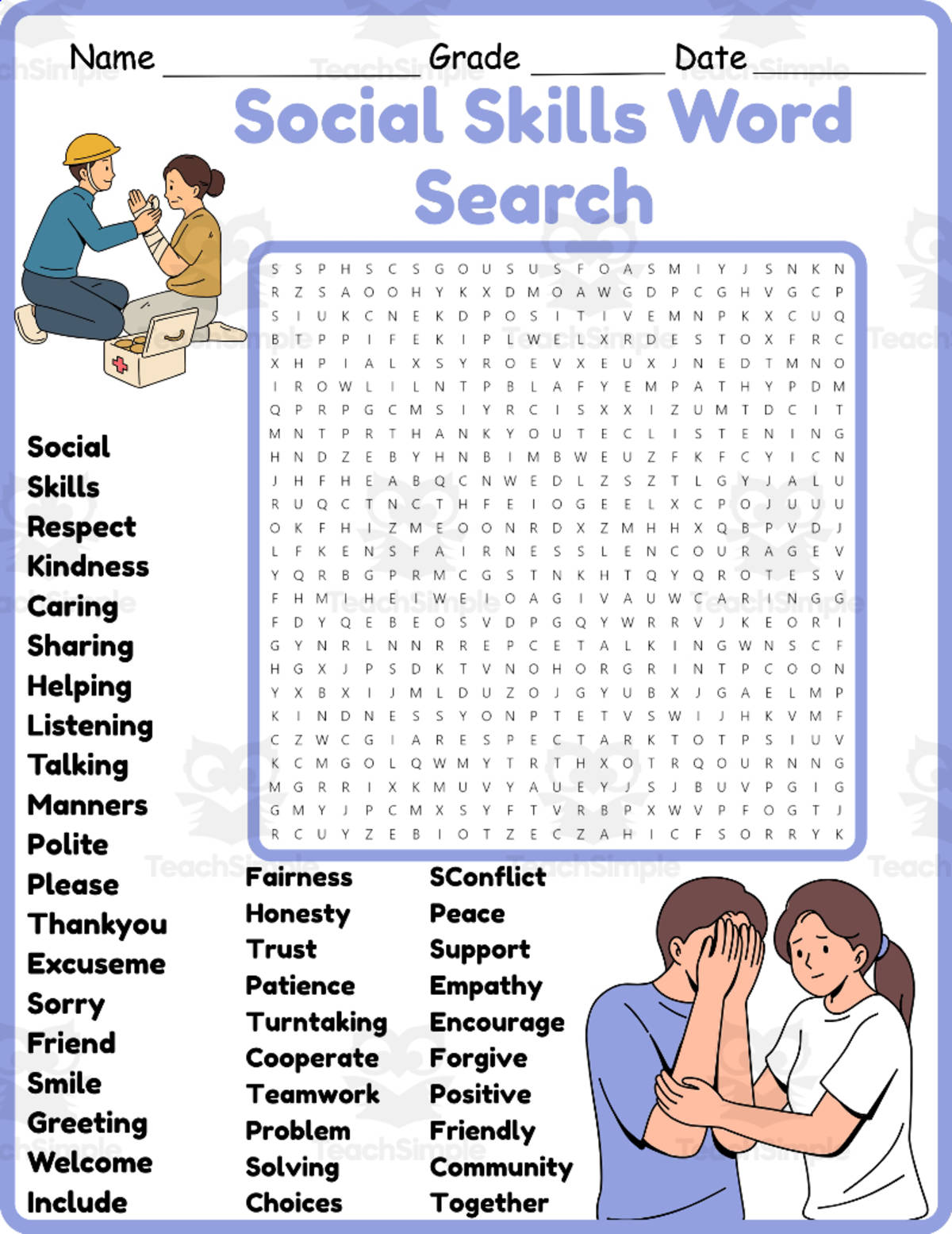 An educational teaching resource from Classsimple entitled Social Skills Word Search 2rd 3th 4th 5th Grade worksheet activity downloadable at Teach Simple.